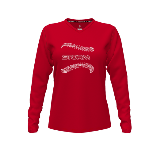[CUS-DFW-TEES-PER-VNK-LSL-RED-FYXS-LOGO1] Performance T-Shirt (Female Youth XS, Red, V Neck, Logo 1, Long Sleeve)
