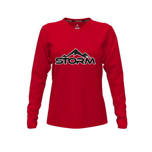 [CUS-DFW-TEES-PER-VNK-LSL-RED-FYXS-LOGO2] Performance T-Shirt (Female Youth XS, Red, V Neck, Logo 2, Long Sleeve)