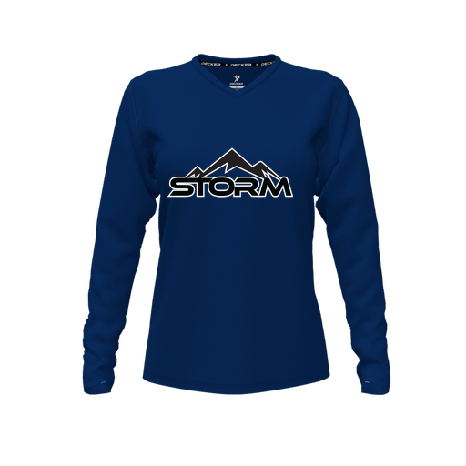 [CUS-DFW-TEES-CMF-VNK-LSL-NVY-FYXS-LOGO2] Decker Comfort T-Shirt (Female Youth XS, Navy, V Neck, Logo 2, Long Sleeve)